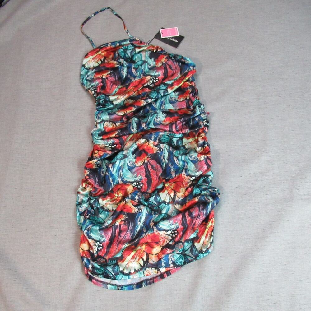 Pretty Little Thing Dress Women 12 Satin Butterflies Asymmetric Bodycon Sexy NWT